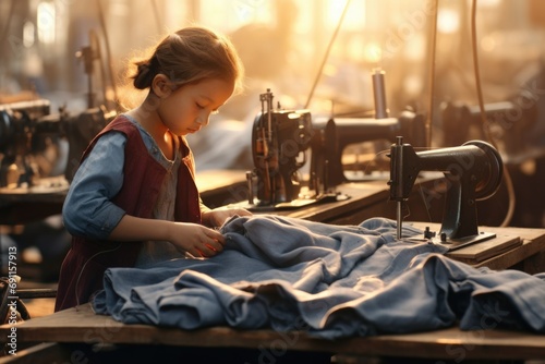 A young girl operating a sewing machine. Perfect for showcasing creativity and learning skills