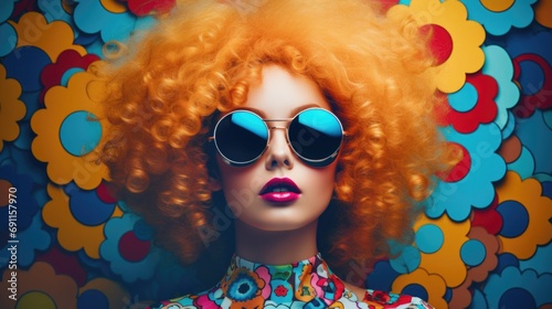 Fashion retro futuristic girl on background with circle pop art background. Woman in sunglasses in surrealistic 60s-70s disco club culture life style photo