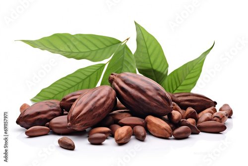 cocoa beans broken with grains inside close-up with green leaves isolated on a white background