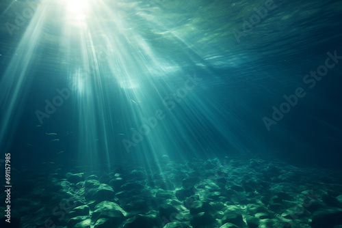 underwater, rays of sunlight penetrating from the surface, waves above, nobody photo