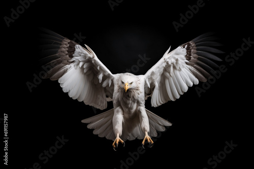 white eagle with claws lands, isolated on black background photo