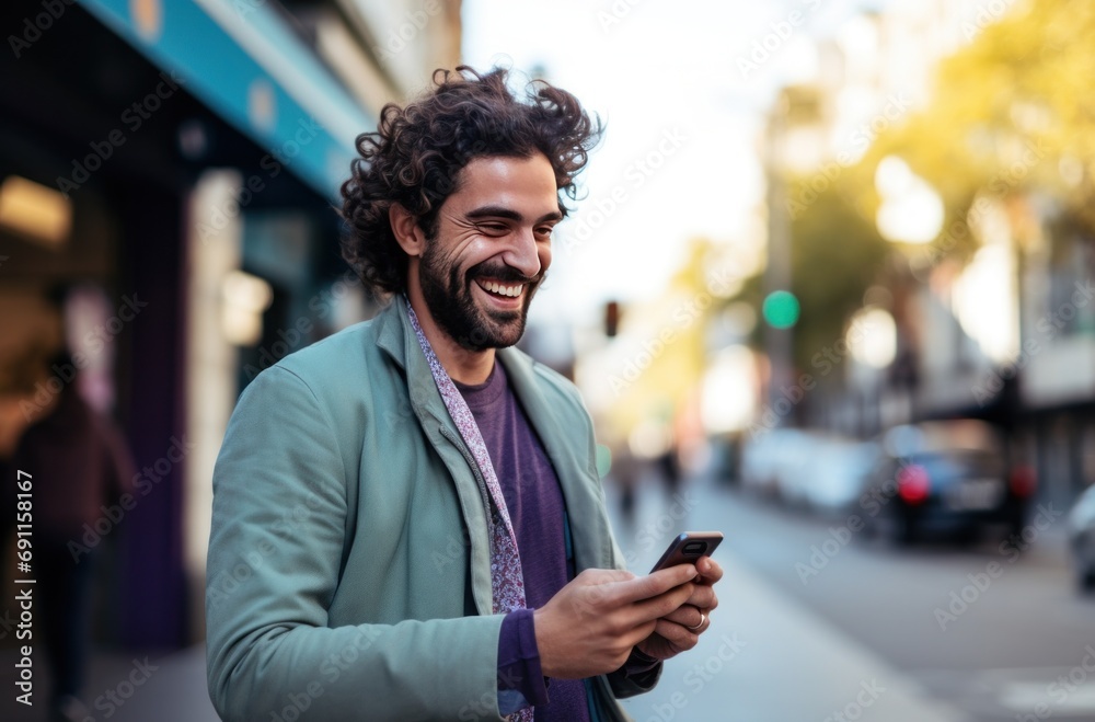smiling man using cellphone in the street happy smiling man using cellphone in the street happy
