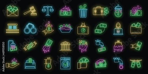 Money laundering offshore icons set. Outline set of money laundering offshore vector icons neon color on black
