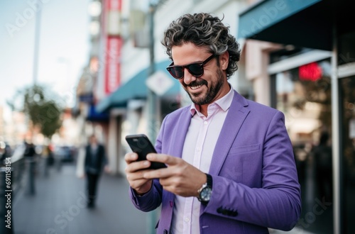 smiling man using cellphone in the street happy