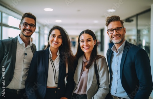 smiling team of business people standing together in the corridor