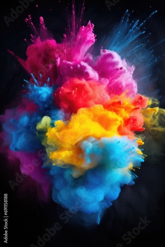 A vibrant and colorful cloud of paint on a dark black background. Perfect for artistic and creative projects