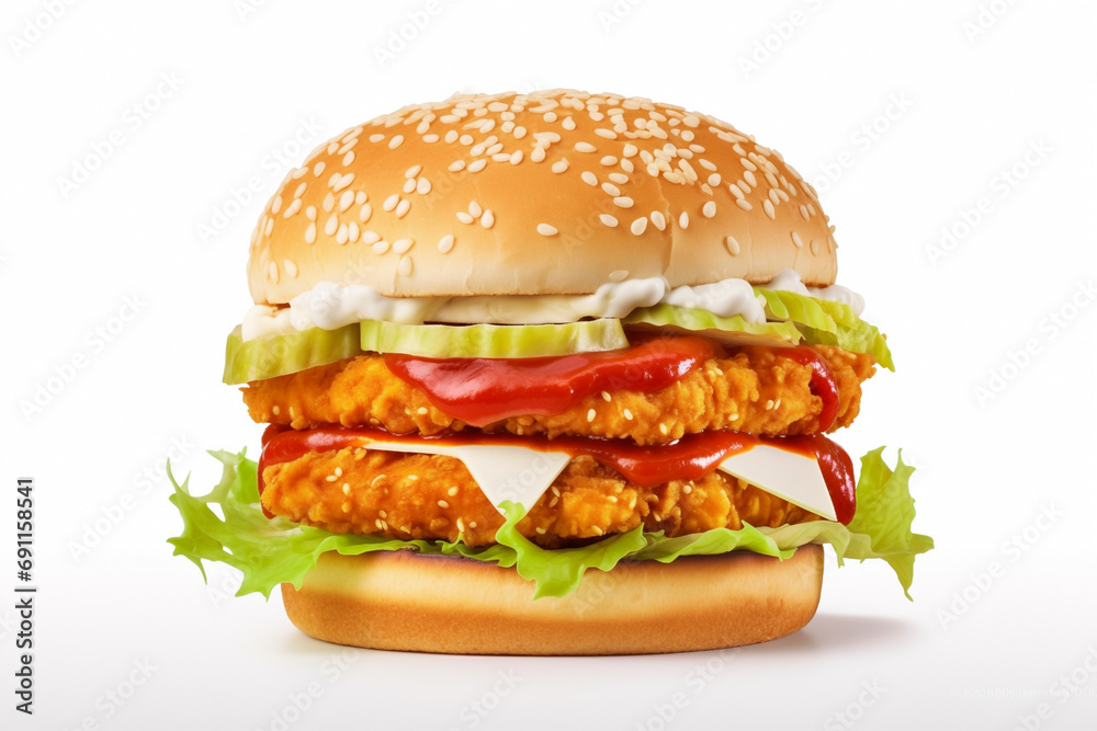 double chicken burger, ketchup, cheese, mayonnaise, isolated on white background double chicken burger, ketchup, cheese, mayonnaise, isolated on white background