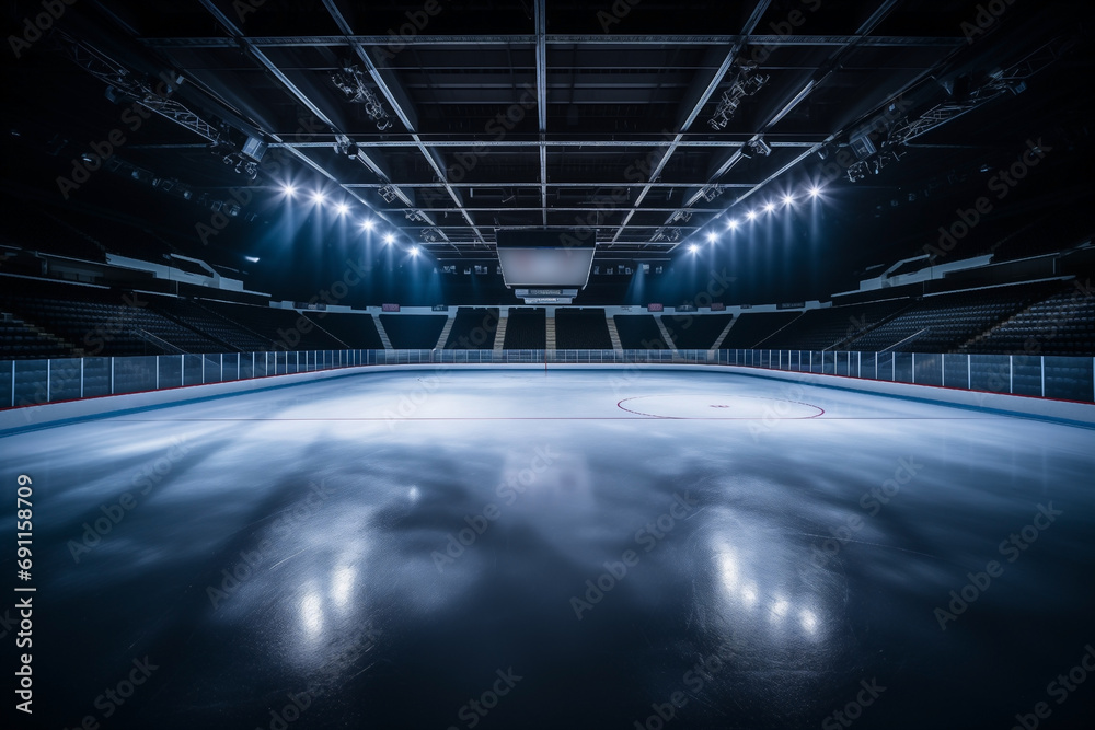 ice arena or an indoor hockey empty rink with floodlights