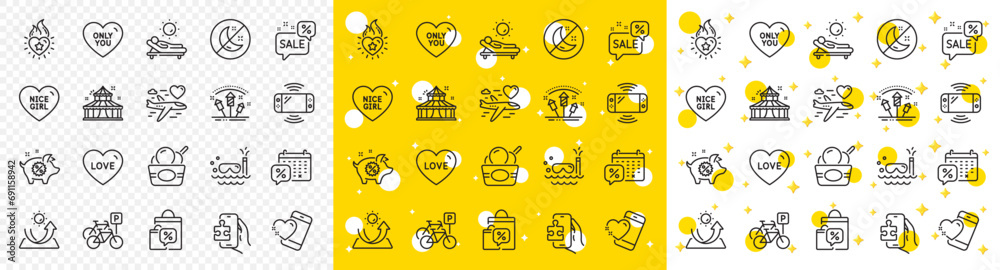 Fototapeta premium Outline Love, Ice cream and Discounts calendar line icons pack for web with Heart flame, Fireworks rocket, Honeymoon travel line icon. Game console, Piggy sale, Only you pictogram icon. Vector