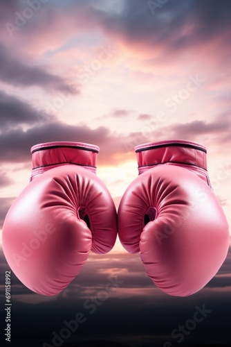 Pink boxing gloves set against a vibrant sunset. Perfect for sports and fitness concepts