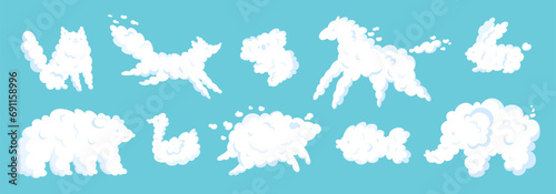 Cartoon animal shaped clouds. Imagination game. Cumulus zoomorphic forms. Bear and rabbit. Cloudy mammals. Horse and elephant. Outlines similarity. Garish vector cloudscape elements set © VectorBum