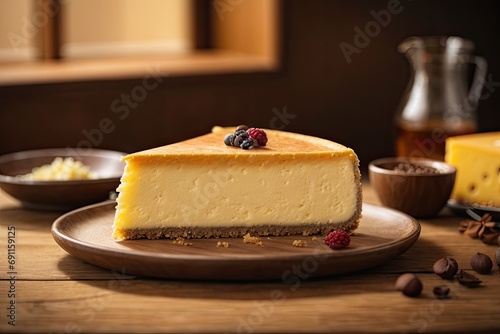 Cheese cake on wooden table in brown background