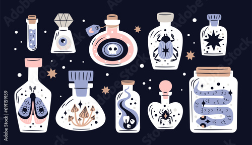 Cartoon potion bottles. Magic elixirs in different flasks. Alchemist or witch ingredients. Witchcraft poisons. Mushrooms and animals in vials. Sorcerer chemistry. Garish vector set