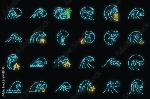 Tsunami disaster icons set. Outline set of tsunami disaster vector icons neon color on black