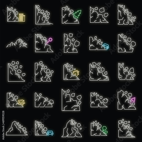 Danger landslide icons set. Outline set of danger landslide vector icons neon color on black