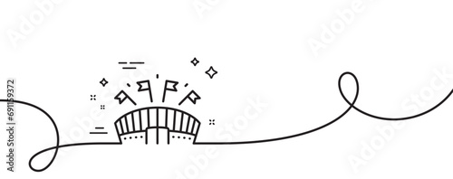 Sports arena line icon. Continuous one line with curl. Stadium with flags sign. Sport complex symbol. Sports arena single outline ribbon. Loop curve pattern. Vector