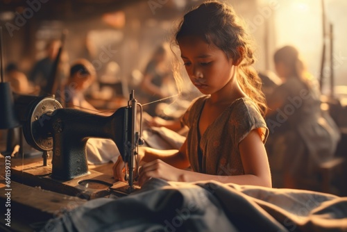 A little girl is using a sewing machine. This image can be used to illustrate children learning a new skill or for promoting creativity and crafts