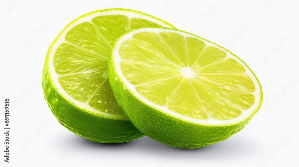 Freshly cut limes, sliced in half, resting on a clean white surface. Great for adding a refreshing touch to food and beverage-related designs Freshly cut limes, sliced in half, resting on a clean white surface. Great for adding a refreshing touch to food and beverage-related designs