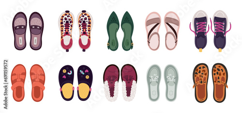 Female shoes top view. Colorful slippers, sandals and sneakers. Different types women footwear. Lacing and buckles. Casual loafers or gumshoes. Stylish accessories. Garish vector set