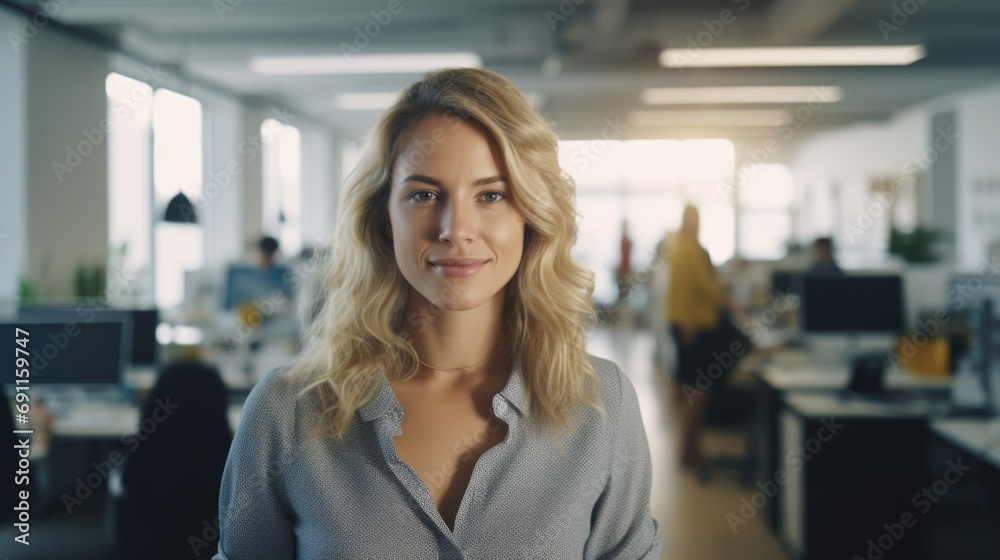 Fototapeta premium A professional woman standing confidently in an office, making direct eye contact with the camera. Suitable for business and corporate concepts