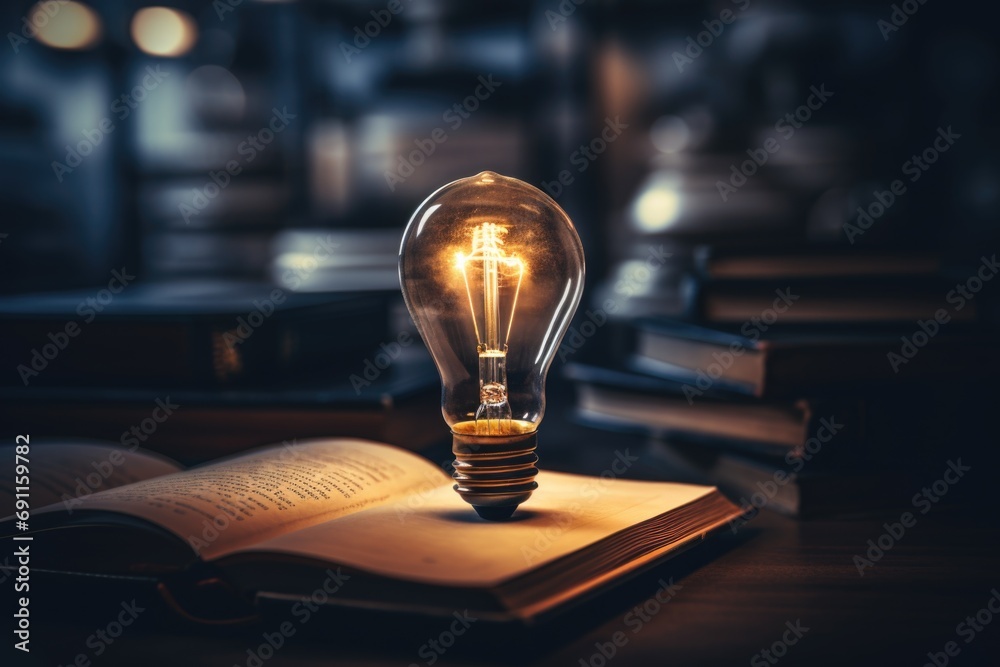 A light bulb sitting on top of an open book. This image can be used to ...