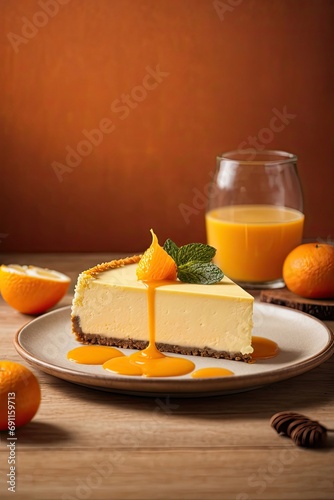 Cheese cake on wooden table in orange background