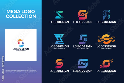 Collection of creative letter S logo designs. Abstract symbol for digital technology