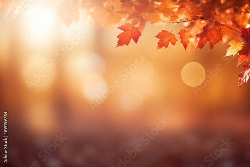 autumn background blurred  with red-gold leaves rays of sunlight