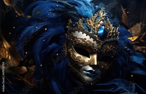 the mask is made of blue feathers and gold