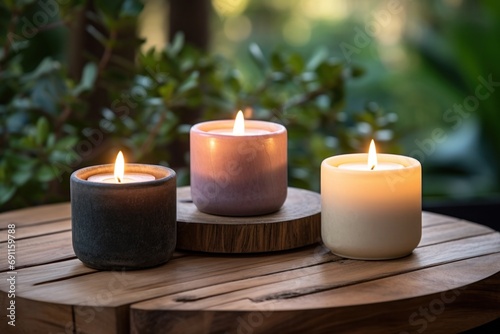 three candles arranged on top of a wooden surface