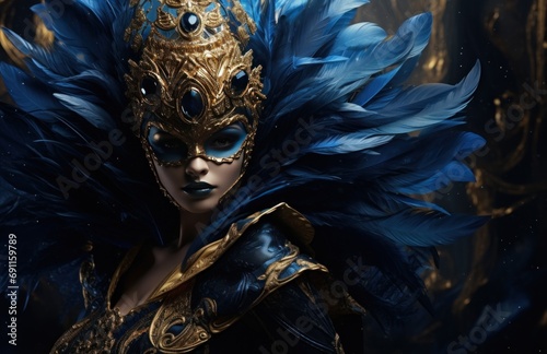 the mask is made of blue feathers and gold