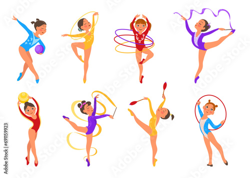 Girls gymnasts. Elegant athletes in different poses. Rhythmic gymnastics and acrobatics competition. Sport exercises. Flexibility and strength. Sportsman performance. Splendid vector set