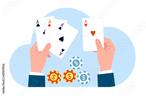 Hands with playing cards and casino chips. Poker and blackjack risky fortune games. Arms holding aces and dices. Gambler making bet. Entertainment club. Vegas gamble. Vector concept