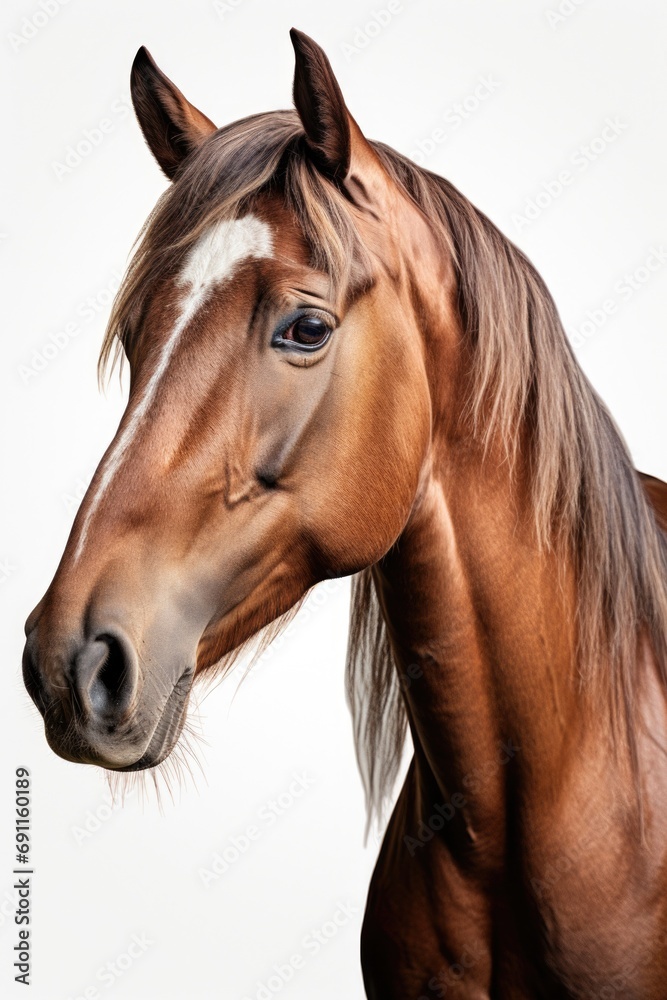 Obraz premium A brown horse with a distinctive white stripe on its face. This image can be used to depict farm animals, equestrian sports, or nature scenes