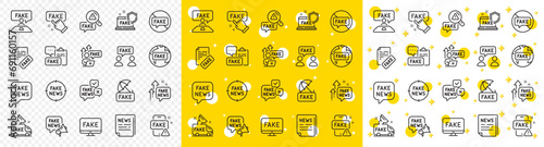 Social media propaganda, Newspaper, Conspiracy of truth. Fake news line icons. Wrong facts, Fake information, False loudspeaker outline icons. Misleading news, People lies and propaganda truck. Vector