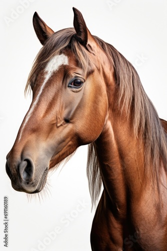 A brown horse with a distinctive white stripe on its face. This image can be used to depict farm animals, equestrian sports, or nature scenes