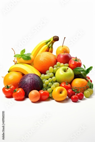 A pile of various fruits and vegetables. Suitable for healthy eating and nutrition concepts