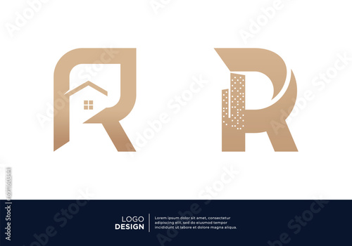 Set of creative letter R building logo designs.