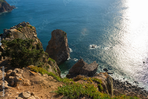 Cabo de Roca or Roca cape, most western point of Europe, where the mainland ends and the Atlantic begins, sunlight, landscape