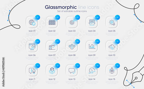 Set of Lamp, Cloud sync and Message line icons for web app. Time schedule, Buying currency, Augmented reality icons. Boxes shelf, Gas station, Shipment signs. Survey results, Globe. Vector
