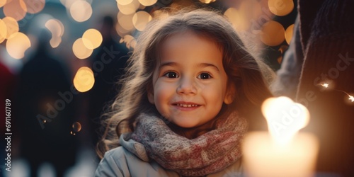 A little girl wearing a scarf around her neck. Perfect for winter fashion or outdoor activities