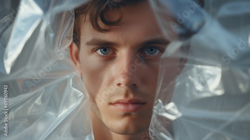 A man wearing a plastic bag over his head. This image can be used to represent suffocation  danger  mental health issues  or environmental concerns