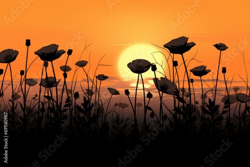 A beautiful sunset scene with the sun setting over a field of vibrant flowers. Perfect for nature and landscape enthusiasts.