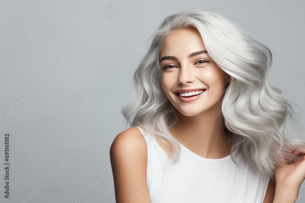 young woman with white hair and silvery grey hair smiling young woman with white hair and silvery grey hair smiling