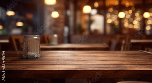 wooden table in restaurant or cafe with blurred lighting