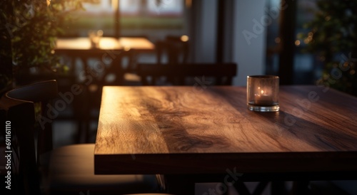 wooden table in restaurant or cafe with blurred lighting