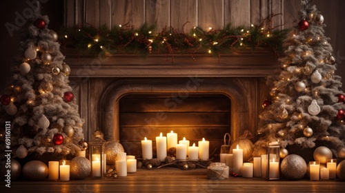 wooden table with candles and christmas tree in a winter fireplace