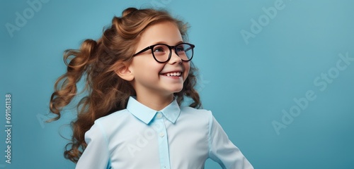 young girl in glasses smiling in blue background