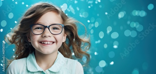 young girl in glasses smiling in blue background
