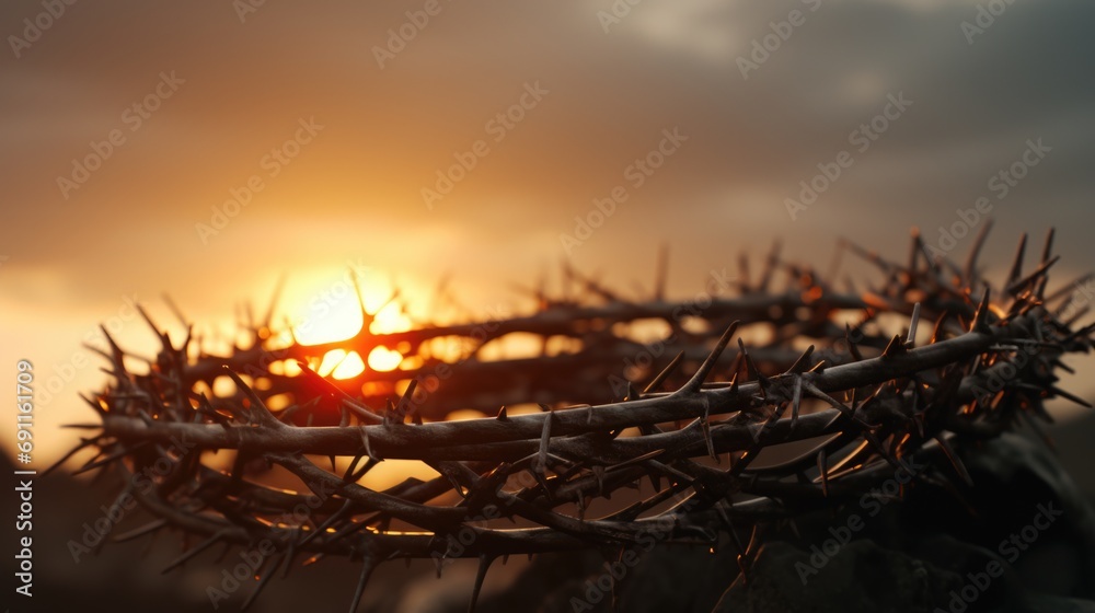 Fototapeta premium A powerful image of a crown of thorns set against a captivating sunset. Perfect for religious and spiritual themes, as well as symbolizing pain, sacrifice, and redemption.